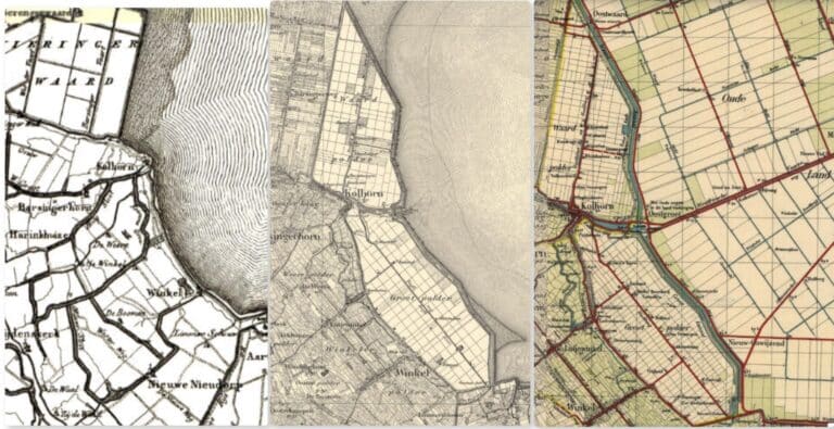 De situatie voor 1844 (links), na 1844 (midden) en na 1932, nadat de Wieringermeer is ingedijkt. Bron Toporeis.nl